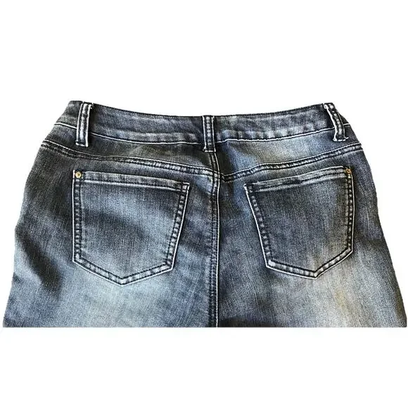 Baccini Women’s Jeans 8P Petite Distressed Embroidered Floral Boho Denim Cuffed - Picture 4 of 16